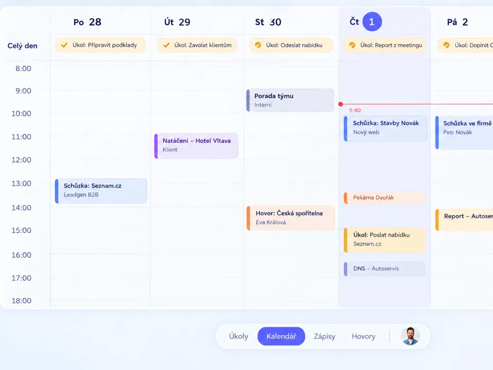 GrowUpCRM: týdenní kalendář týmu se schůzkami, hovory a úkoly